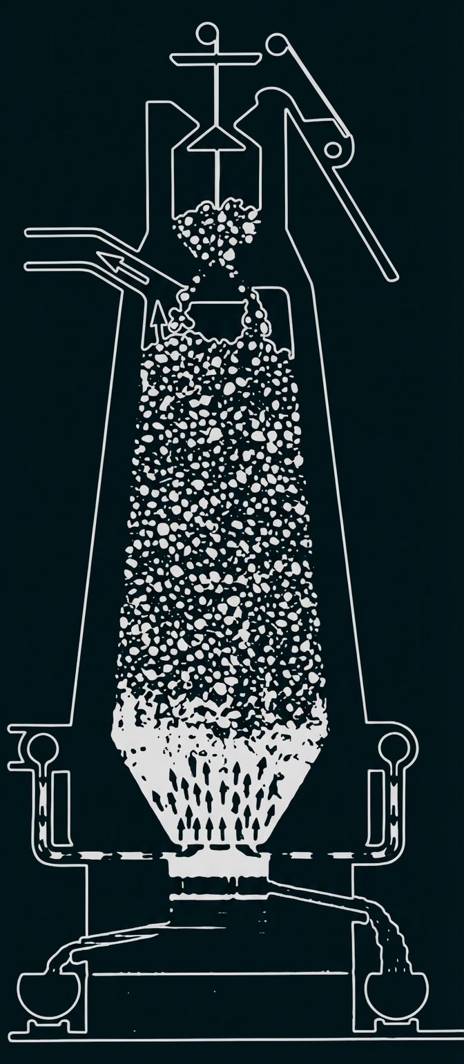 Schnittzeichnung eines zylindrischen Filters mit Trichter oben, körnigem Füllgut und Auslass unten.